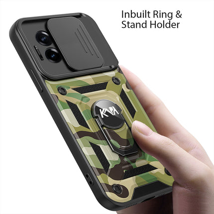 Mobizang Tank Back Cover for OnePlus 11R | Inbuilt Ring + Slider Shockproof Lens Protection Case (Green)