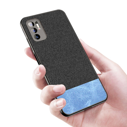Soft Fabric & Leather Hybrid for Poco M3 Pro Back Cover, Shockproof Protection Slim Hard Back Case (Black, Blue)