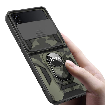 Tank Back Cover for Samsung Galaxy Z Flip 3 (5G) , Inbuilt Ring + Slider Shockproof Lens Protection Case (Black)