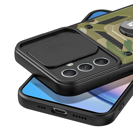 Mobizang Tank Back Cover for Samsung Galaxy A34 (5G) | Inbuilt Ring + Slider Shockproof Lens Protection Case (Green)