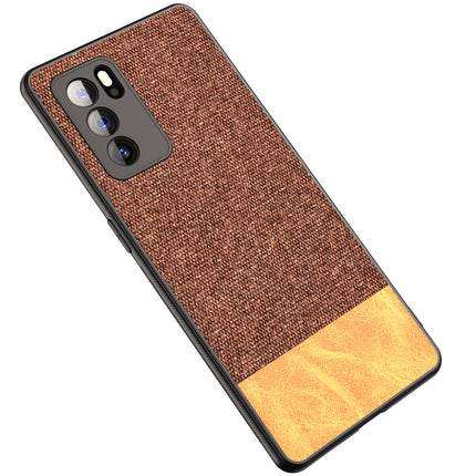 Soft Fabric & Leather Hybrid for Oppo Reno 6 Pro Back Cover, Shockproof Protection Slim Hard Back Case (Brown)