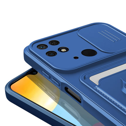 Bisen Back Cover for Redmi 10C (5G), Inbuilt Camera Slider,Ring Stand and Card Pocket Shockproof Slim Bumper Back Case (Blue)
