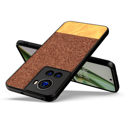 Soft Fabric & Leather Hybrid Protective Back Case Cover for Oneplus 10R (Brown)