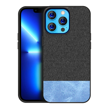 Mobizang Soft Fabric & Leather Hybrid Protective Back Case Cover for Apple iPhone 14 Mini (Black,Blue)