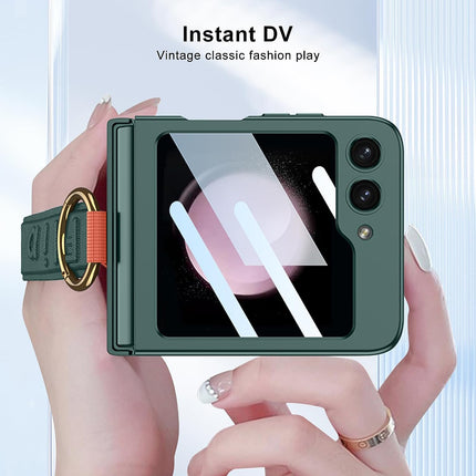 Mobizang Shockproof Protective Band Back Cover for Z Flip 5 | Wrist Strap Ring Kickstand Inbuilt Screen Tempered Glass Case , Green