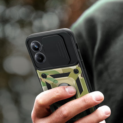 Mobizang Tank Back Cover for Realme 10 pro | Inbuilt Ring + Slider Shockproof Lens Protection Case (Green)
