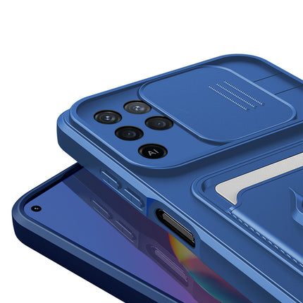 Bisen Back Cover for Oppo F19 Pro , Inbuilt Camera Slider ,Ring Stand and Card Pocket Shockproof Slim Bumper Back Case (Blue)