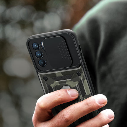 Tank Back Cover for Oppo Reno 6 (5G) , Inbuilt Ring + Slider Shockproof Lens Protection Case (Black)
