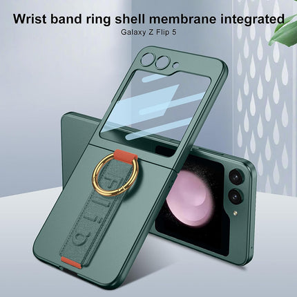 Mobizang Shockproof Protective Band Back Cover for Z Flip 5 | Wrist Strap Ring Kickstand Inbuilt Screen Tempered Glass Case , Green