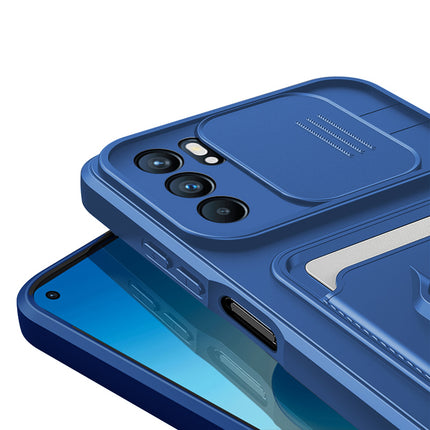 Bisen Back Cover for Oppo Reno 6 (5G), Inbuilt Camera Slider,Ring Stand and Card Pocket Shockproof Slim Bumper Back Case (Blue)