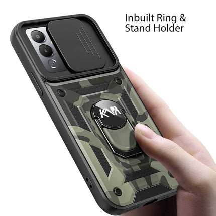 Mobizang Tank Back Cover for Tecno Pova 4 | Inbuilt Ring + Slider Shockproof Lens Protection Case (Black)