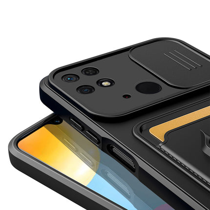 Bisen Back Cover for Redmi 10C (5G), Inbuilt Camera Slider,Ring Stand and Card Pocket Shockproof Slim Bumper Back Case (Black)