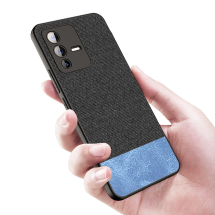 Soft Fabric & Leather Hybrid for Vivo V23 (5G) Back Cover, Shockproof Protection Slim Hard Back Case (Black ,Blue)
