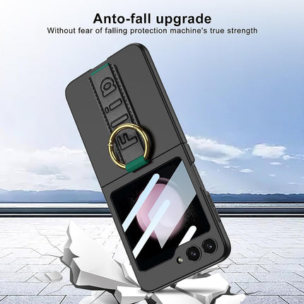 Mobizang Shockproof Protective Band Back Cover for Z Flip 5 | Wrist Strap Ring Kickstand Inbuilt Screen Tempered Glass Case , Black