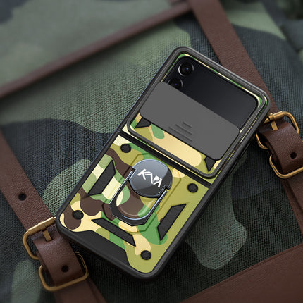 Tank Back Cover for Samsung Galaxy Z Flip 3 (5G) , Inbuilt Ring + Slider Shockproof Lens Protection Case (Green)