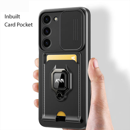 Mobizang Bisen Back Cover for Samsung Galaxy S23 Plus | Inbuilt Camera Slider Ring Stand and Card Pocket Shockproof Slim Bumper Back Case (Black)