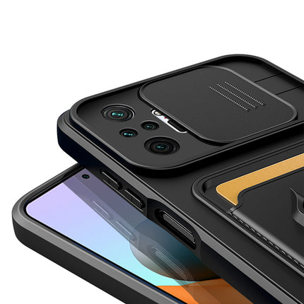 Mobizang Bisen Back Cover for Redmi Note 10 Pro / Note 10 Pro Max , Inbuilt Camera Slider Ring Stand and Card Pocket Shockproof Slim Bumper Back Case (Black)