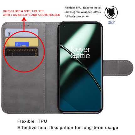 Mobizang Prime Slim Magnetic Flip Cover for OnePlus 11 | PU Leather Shockproof Folio Case with Card Holders RFID Blocking Kickstand (Grey)