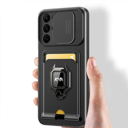 Bisen Back Cover for Samsung Galaxy S22 Ultra , Inbuilt Camera Slider ,Ring Stand and Card Pocket Shockproof Slim Bumper Back Case (Black)