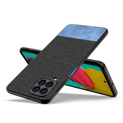 Soft Fabric & Leather Hybrid Protective Back Case Cover for Samsung Galaxy M53 (5G) (Black , Blue)