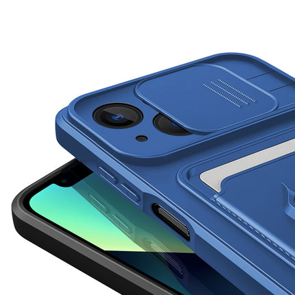 Bisen Back Cover for Apple iPhone 13 (6.1) , Inbuilt Camera Slider ,Ring Stand and Card Pocket Shockproof Slim Bumper Back Case (Blue)