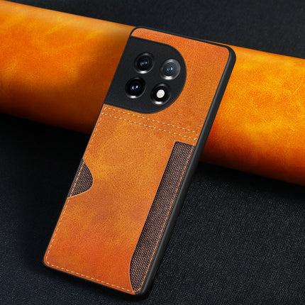 Mobizang Razor Wallet Back Case for OnePlus 11 | Slim PU Leather & Fabric Cover with Inbuilt Card Pocket (Brown)