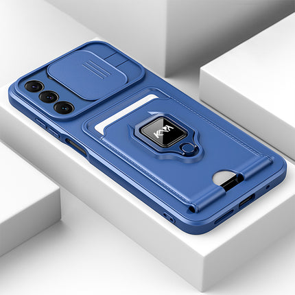 Bisen Back Cover for Samsung Galaxy S22 Plus , Inbuilt Camera Slider ,Ring Stand and Card Pocket Shockproof Slim Bumper Back Case (Blue)