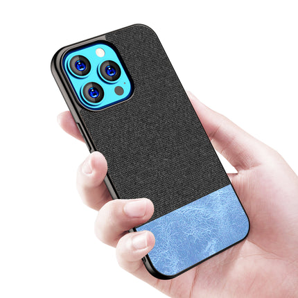 Mobizang Soft Fabric & Leather Hybrid Protective Back Case Cover for Apple iPhone 14 Mini (Black,Blue)