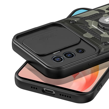 Tank Back Cover for Vivo V23E , Inbuilt Ring + Slider Shockproof Lens Protection Case (Black)