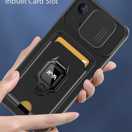 Mobizang Bisen Back Cover for Apple iPhone 15 Plus | Inbuilt Camera Slider Ring Stand and Card Pocket Shockproof Slim Bumper Back Case (Black)