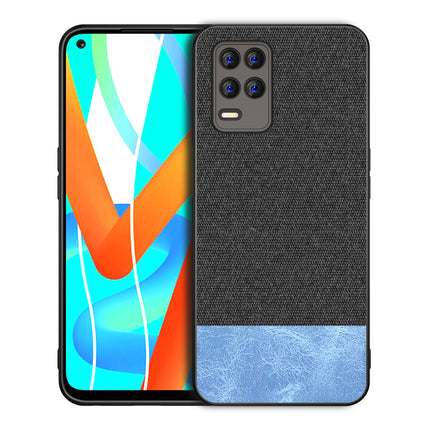Soft Fabric & Leather Hybrid for Realme 8 (5G) Back Cover, Shockproof Protection Slim Hard Back Case (Black, Blue)