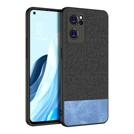 Soft Fabric & Leather Hybrid for Oppo Reno 7 (5G) Back Cover, Shockproof Protection Slim Hard Back Case (Black ,Blue)