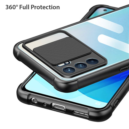 Slider Back Cover for Oppo Reno 6 (5G) , [Military Grade Protection] Shockproof Slim Clear Camera Shield Bumper Back Case (Black)