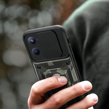 Tank Back Cover for Realme C35 , Inbuilt Ring + Slider Shockproof Lens  Protection Case (Black)