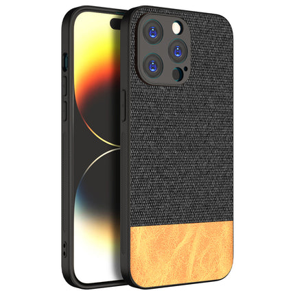 Mobizang Soft Fabric & Leather Hybrid Protective Back Cover for Apple iPhone 15 Pro | Shockproof Slim Hard Anti Slip Back Case (Black::Brown)