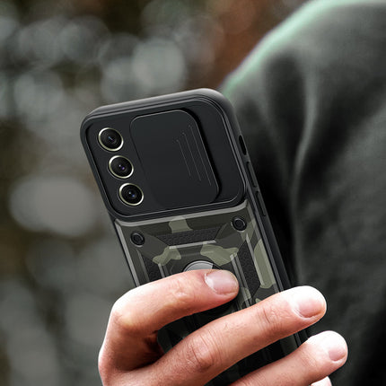 Tank Back Cover for Samsung Galaxy S21 FE, Inbuilt Ring + Slider Shockproof Lens Protection Case (Black)