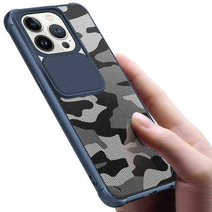 Camo Slider Back Cover for Apple iPhone 13 Pro, [Military Grade Protection] Shockproof Slim Clear Camera Shield Bumper Back Case (Blue)