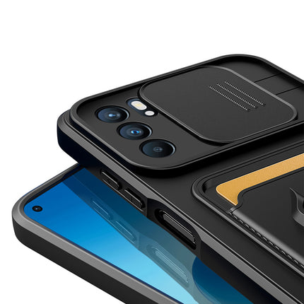 Bisen Back Cover for Oppo Reno 6 (5G), Inbuilt Camera Slider,Ring Stand and Card Pocket Shockproof Slim Bumper Back Case (Black)