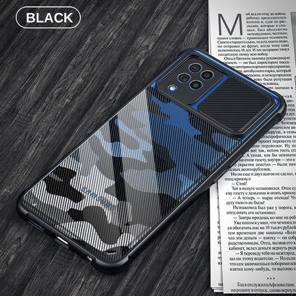 Camo Slider Back Cover for Samsung Galaxy F62 , [Military Grade Protection] Shockproof Slim Clear Camera Shield Bumper Back Case (Black)
