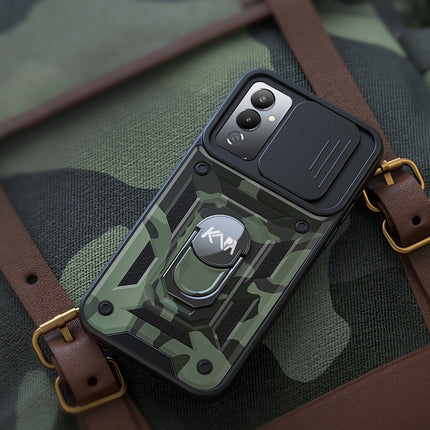 Mobizang Tank Back Cover for Tecno Pova 4 | Inbuilt Ring + Slider Shockproof Lens Protection Case (Black)