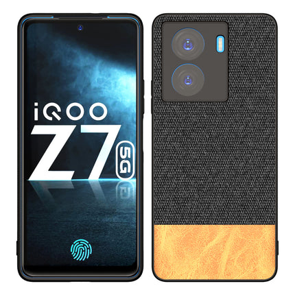 Mobizang Soft Fabric & Leather Hybrid Protective Case Cover for IQOO Z7 / Z7S (5G) | Shockproof Slim Hard Anti Slip Back Case (Black,Brown)