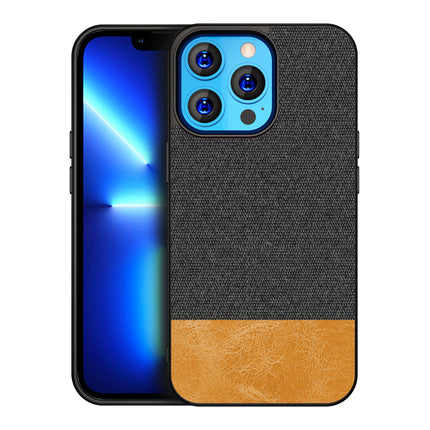 Mobizang Soft Fabric & Leather Hybrid Protective Back Case Cover for Apple iPhone 14 Mini (Black,Brown)