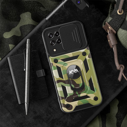 Mobizang Tank Back Cover for Samsung Galaxy M53 (5G), Inbuilt Ring + Slider Shockproof Lens Case (Green)