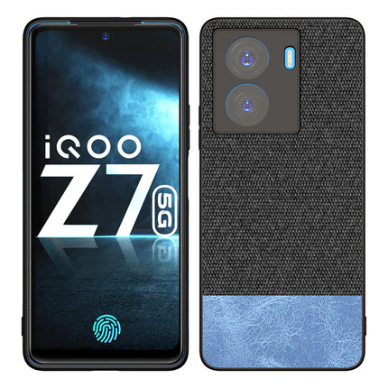 Mobizang Soft Fabric & Leather Hybrid Protective Case Cover for IQOO Z7 / Z7S (5G) | Shockproof Slim Hard Anti Slip Back Case (Black,Blue)