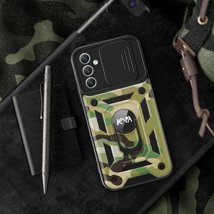 Mobizang Tank Back Cover for Samsung Galaxy A34 (5G) | Inbuilt Ring + Slider Shockproof Lens Protection Case (Green)