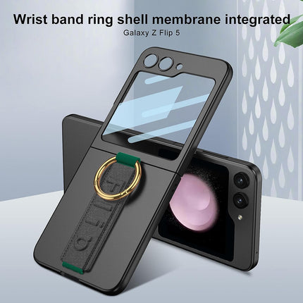 Mobizang Shockproof Protective Band Back Cover for Z Flip 5 | Wrist Strap Ring Kickstand Inbuilt Screen Tempered Glass Case , Black