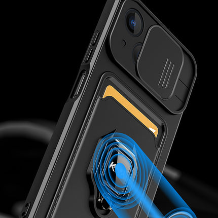 Mobizang Bisen Back Cover for Apple iPhone 15 Plus | Inbuilt Camera Slider Ring Stand and Card Pocket Shockproof Slim Bumper Back Case (Black)