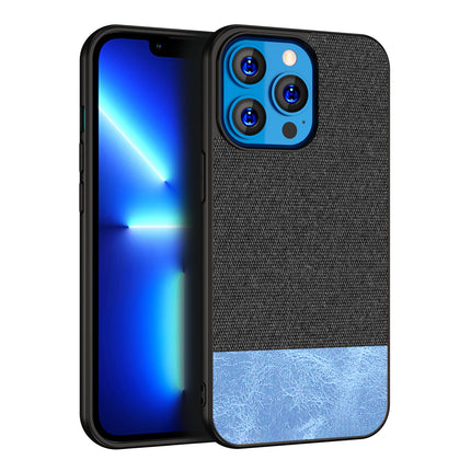 Mobizang Soft Fabric & Leather Hybrid Protective Back Case Cover for Apple iPhone 14 Mini (Black,Blue)