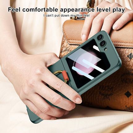 Mobizang Shockproof Protective Band Back Cover for Z Flip 5 | Wrist Strap Ring Kickstand Inbuilt Screen Tempered Glass Case , Green