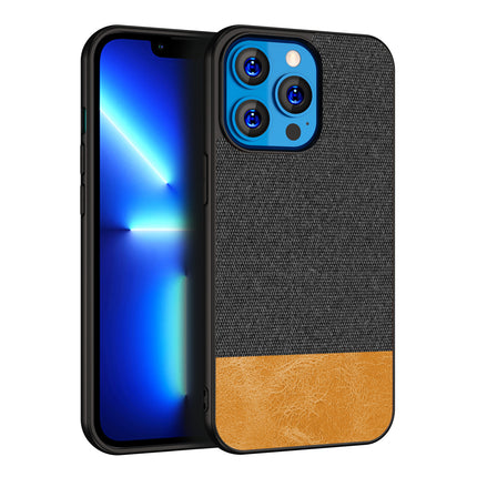 Mobizang Soft Fabric & Leather Hybrid Protective Back Case Cover for Apple iPhone 14 Mini (Black,Brown)